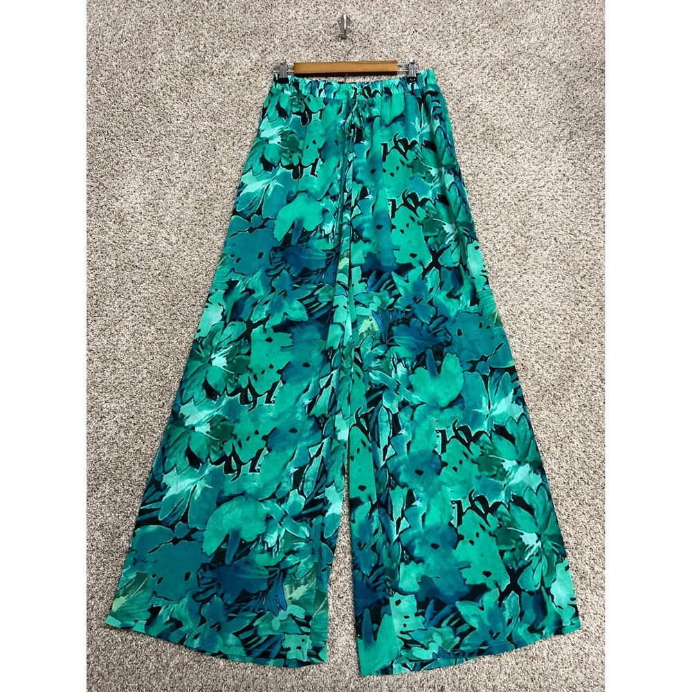 Luxxel Women Green Teal Floral Wide Leg Flowy Drawstring Pants Size M
